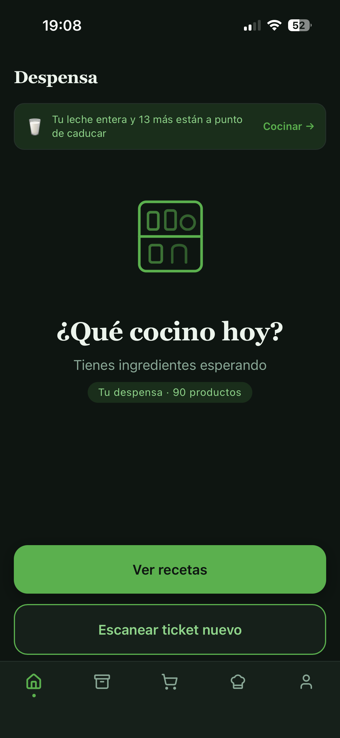 Pantalla de inicio de RezPensa: ¿Qué cocino hoy?, con aviso de productos a punto de caducar.