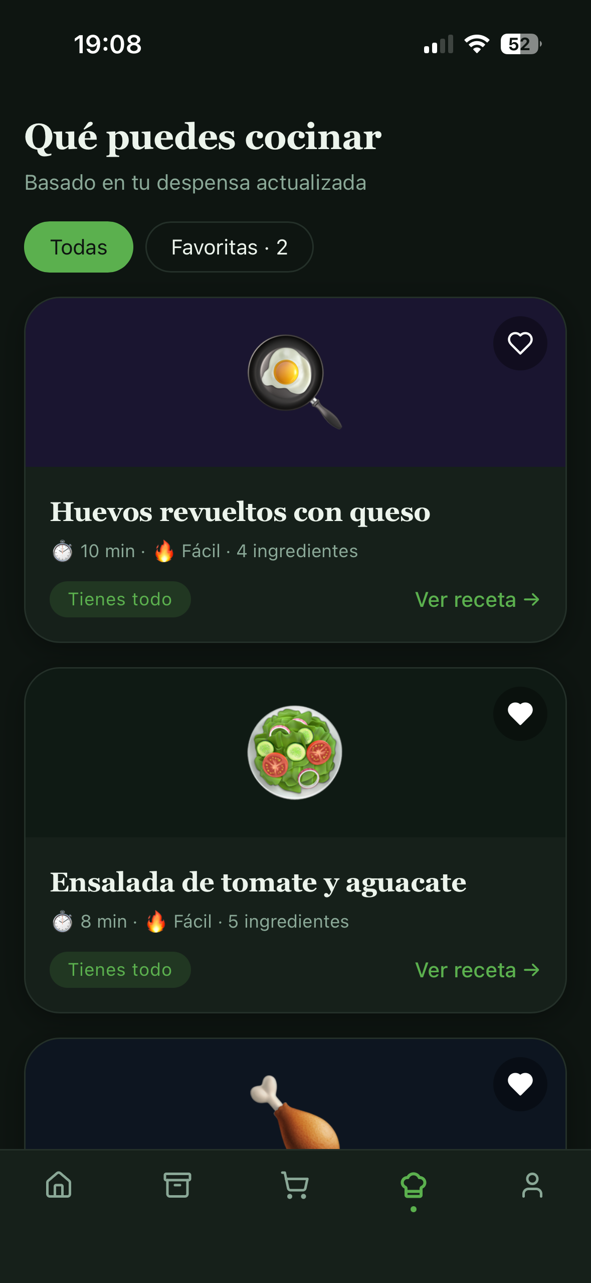 Pantalla de recetas de RezPensa con sugerencias según tu despensa.
